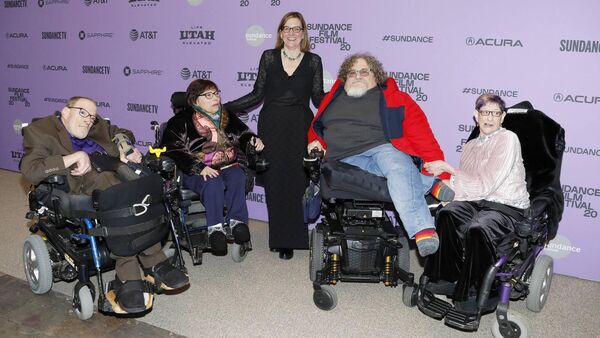 Neil Jacobson, Judith Heumann, director and producer Nicole Newnham, Jim LeBrecht, and Denise Jacobson at the premiere of ‘Crip Camp’ during the 2020 Sundance Film Festival, Utah.